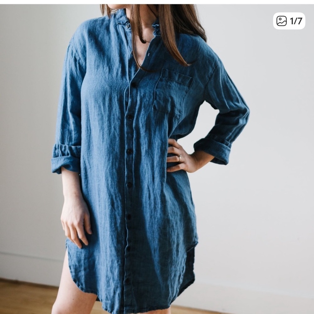CP Shades Indigo Linen Long Sleeve Dress Womens Size Medium Artsy Lagenlook
